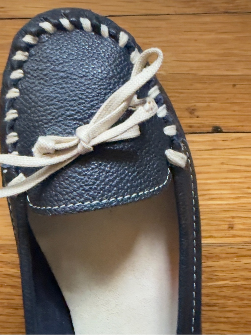 Zara Navy Moccasin with Cream Laces and Whipstitch
